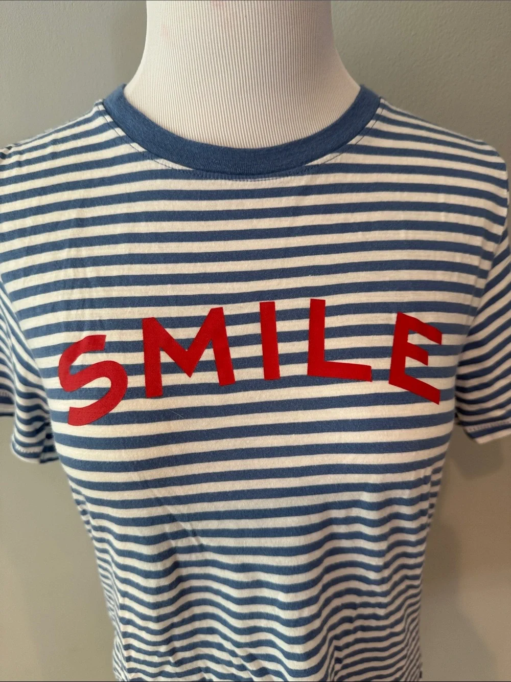 Jcrew women’s Blue & White Striped Short Sleeve Tee w Red 'SMILE' Graphic-M